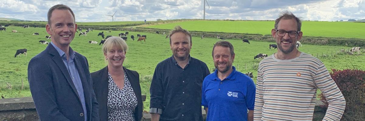 Photo of Robert Logan, SAOS; Deputy First Minister Shona Robison; Andrew Stewart, Marshill Farm; Stewart Burt, Draffanmuir Farm; Mads Fischer-Moller, WWF Scotland launching the Dairy Goals project